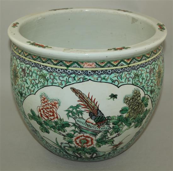 A Chinese famille verte goldfish bowl, late 19th century, diam.30cm, star crack to base